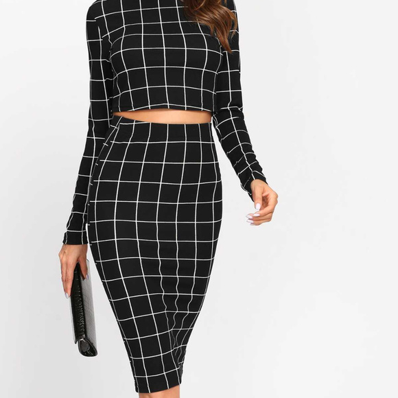 Crop Long Sleeve 2 Piece Plaid Skirt set - Picture 3 of 7